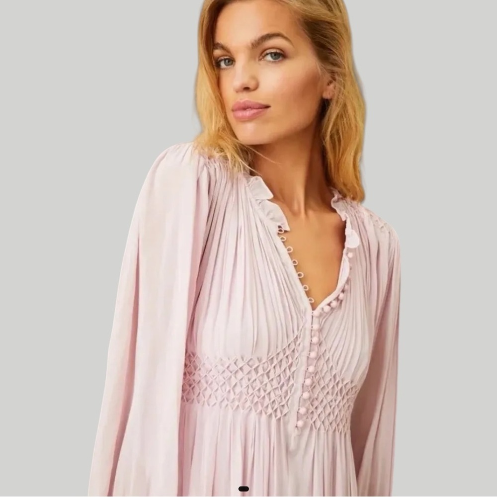 LOVESHACKFANCY Belinda Smocked A-Line Swing Long Sleeve Button-down Mini Dress - Picture 6 of 15